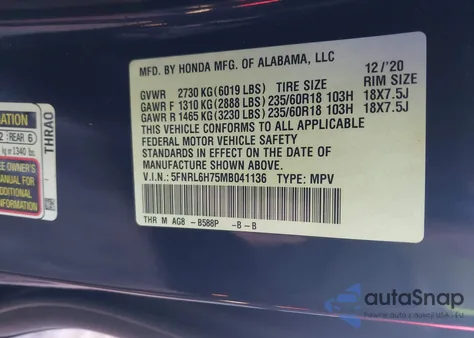 2021 Honda Odyssey Ex-L из США, поврежденный, VIN 5FNRL6H75MB041136